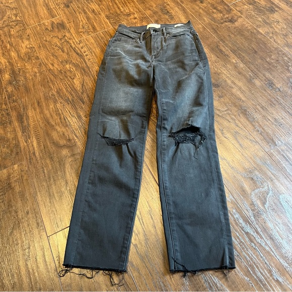 FRAME High Rise Le Nouveau Straight Leg Denim Distressed Black Raw Hem | 25 - Picture 4 of 11